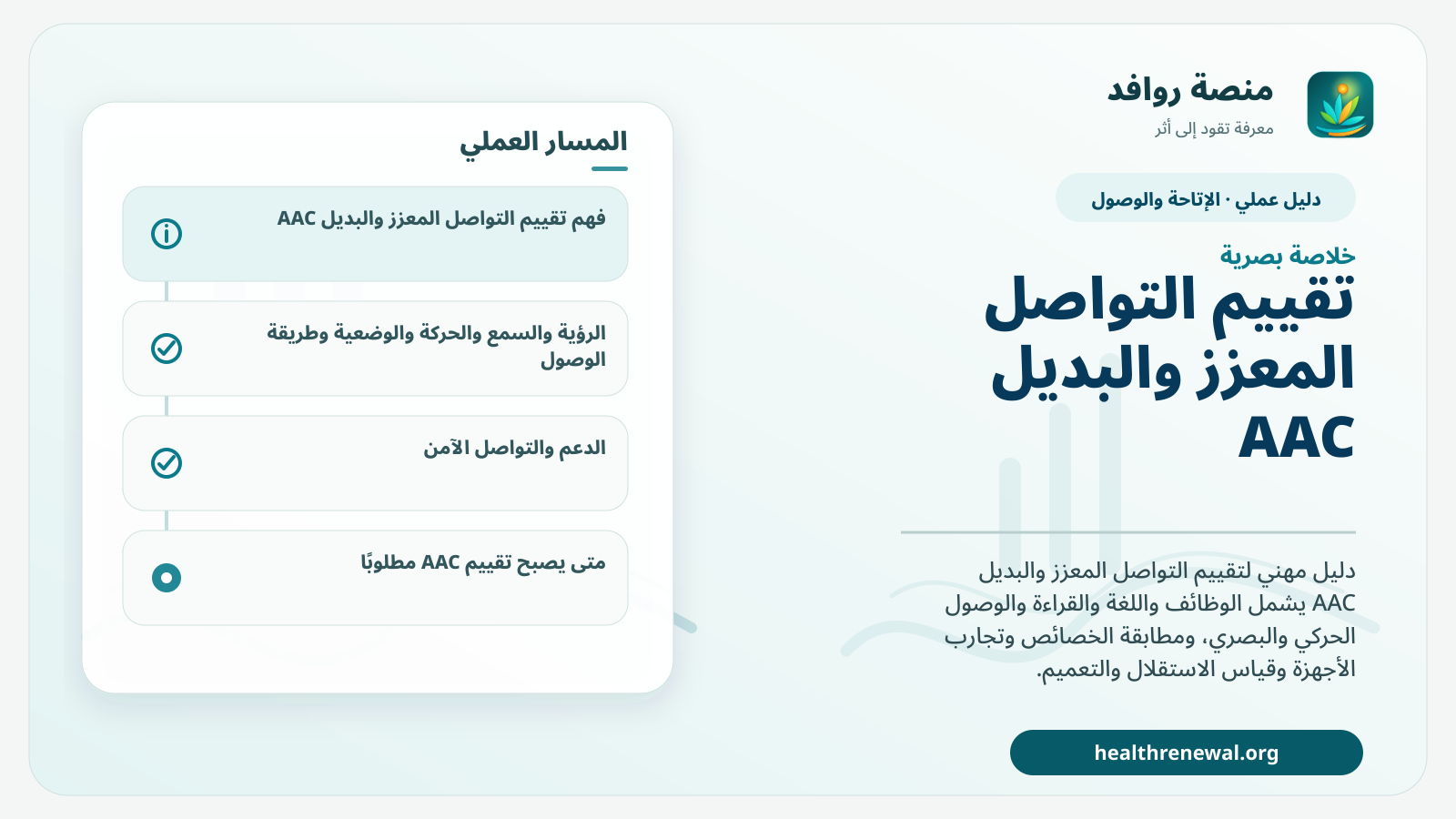 صورة بارزة من منصة روافد تلخص «تقييم التواصل المعزز والبديل AAC: الوصول ومطابقة الخصائص واختيار النظام» بصريًا وفق محاور الصفحة الأساسية