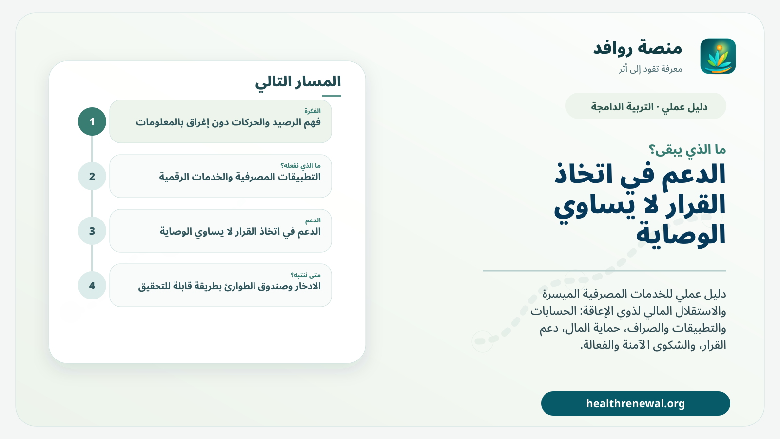 مخطط ختامي من منصة روافد يلخص «الخدمات المصرفية والاستقلال المالي لذوي الإعاقة: دليل عملي للحساب والدفع والقرار» ويعرض أهم المحاور والخطوات التالية