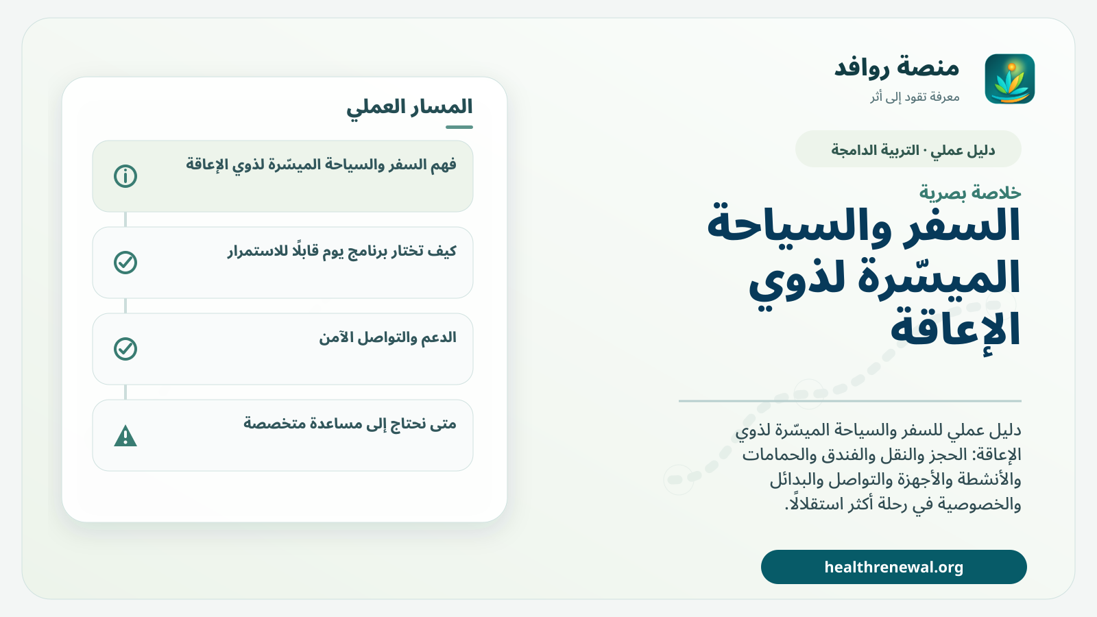 صورة بارزة من منصة روافد تلخص «السفر والسياحة الميسّرة لذوي الإعاقة: من الحجز إلى العودة بأقل حواجز» بصريًا وفق محاور الصفحة الأساسية