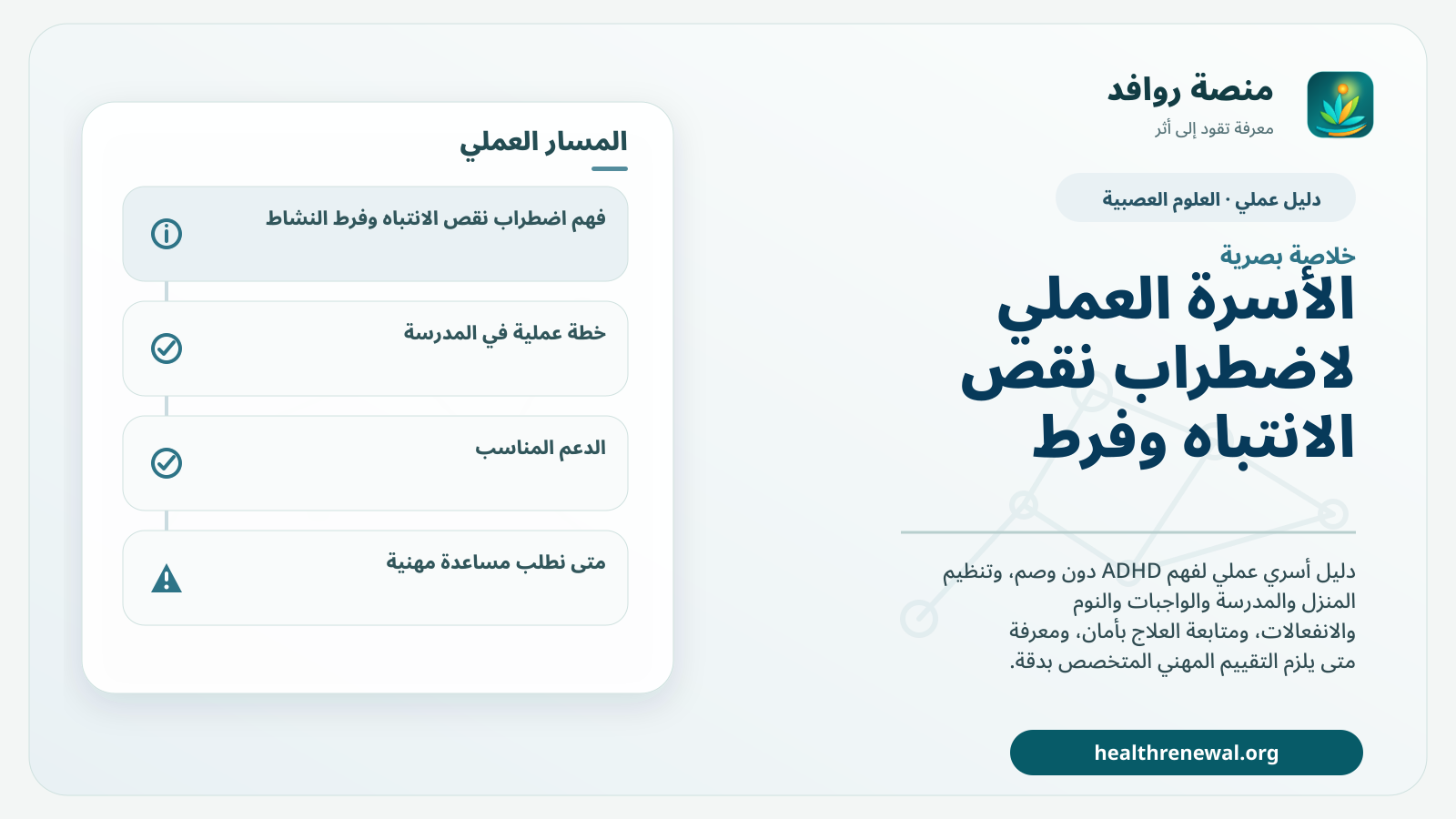 صورة بارزة من منصة روافد تلخص «دليل الأسرة العملي لاضطراب نقص الانتباه وفرط النشاط ADHD» بصريًا وفق محاور الصفحة الأساسية