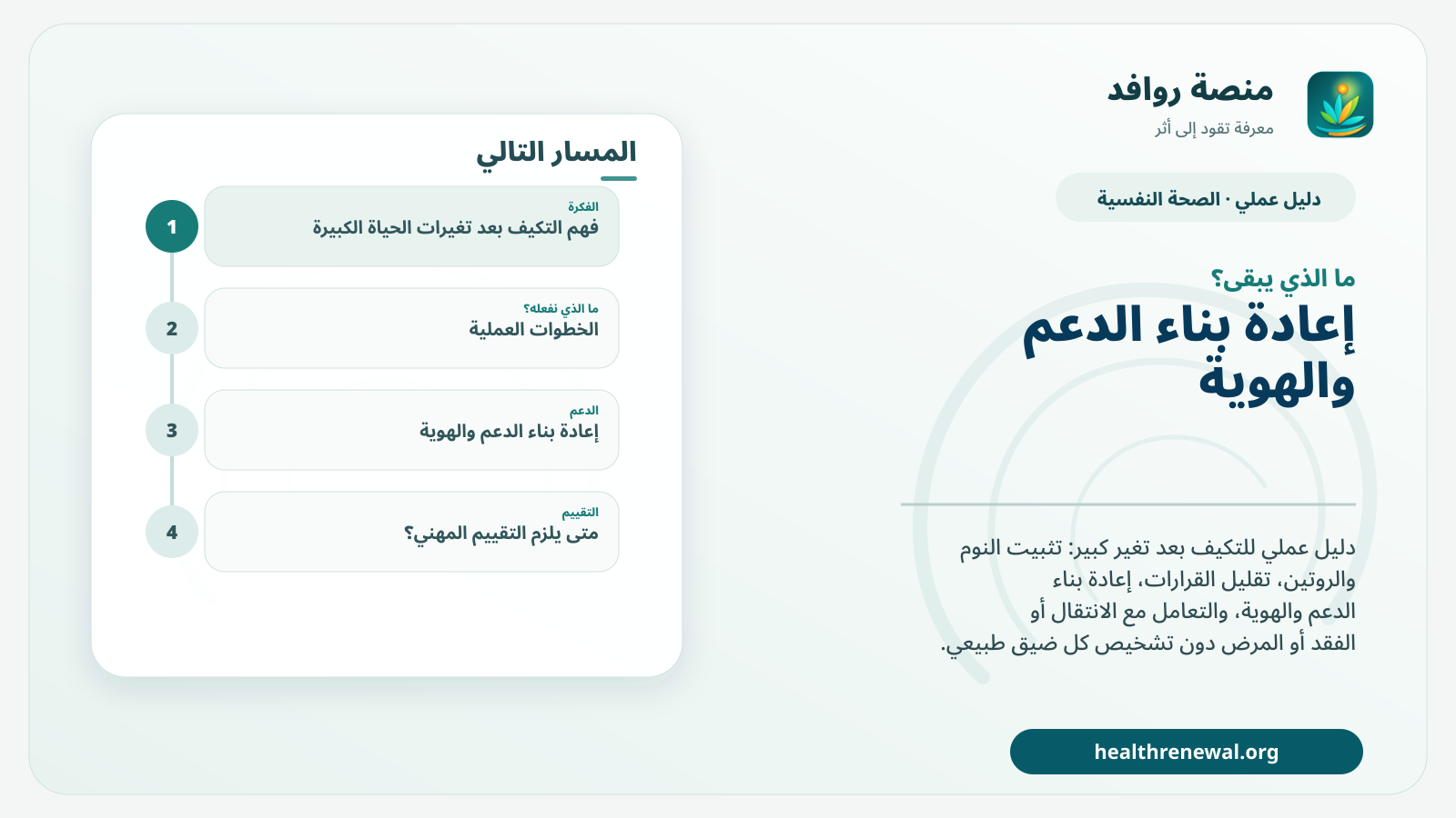 مخطط ختامي من منصة روافد يلخص «دليل التكيف بعد تغيرات الحياة الكبيرة» ويعرض أهم المحاور والخطوات التالية