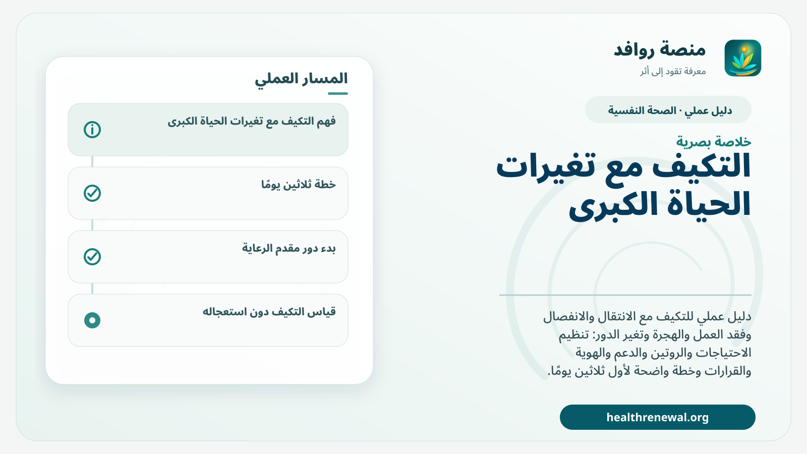 صورة بارزة من منصة روافد تلخص «دليل التكيف مع تغيرات الحياة الكبرى» بصريًا وفق محاور الصفحة الأساسية