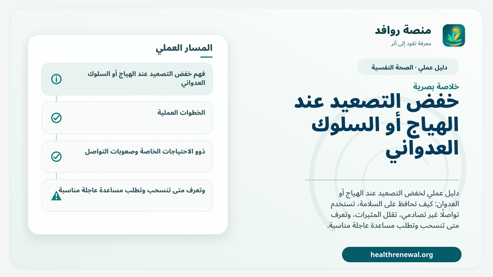 صورة بارزة من منصة روافد تلخص «دليل خفض التصعيد عند الهياج أو السلوك العدواني» بصريًا وفق محاور الصفحة الأساسية