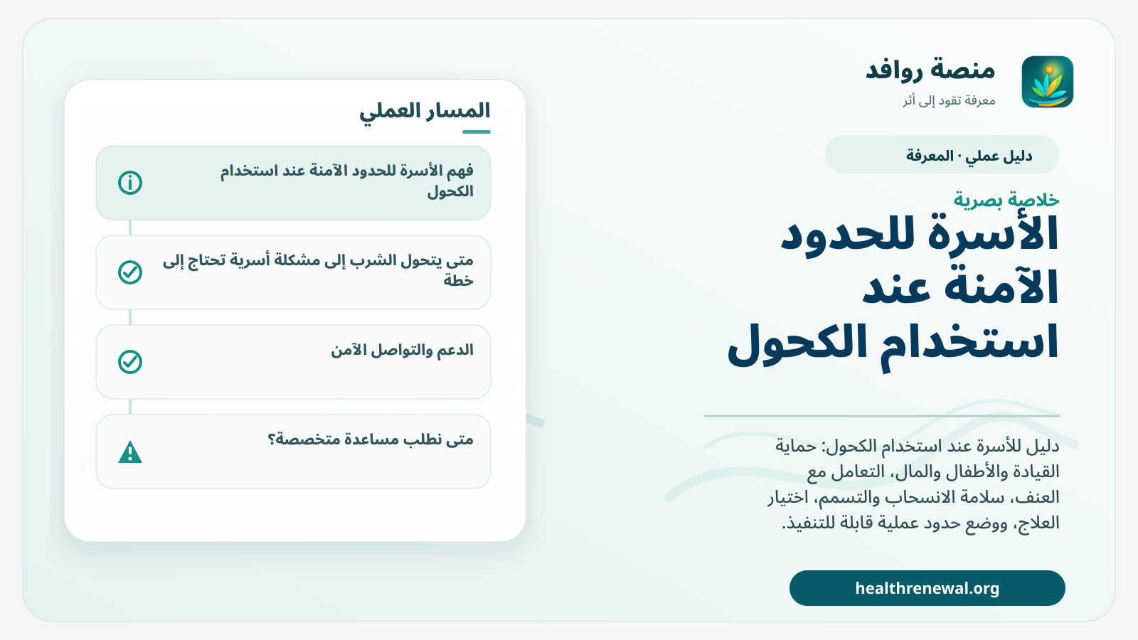صورة بارزة من منصة روافد تلخص «دليل الأسرة للحدود الآمنة عند استخدام الكحول» بصريًا وفق محاور الصفحة الأساسية
