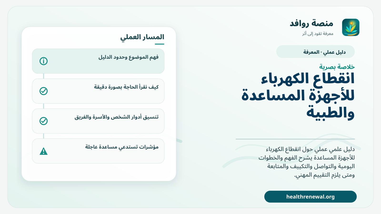 صورة بارزة من منصة روافد تلخص «دليل انقطاع الكهرباء للأجهزة المساعدة والطبية: خطة تشغيل وبدائل آمنة» بصريًا وفق محاور الصفحة الأساسية