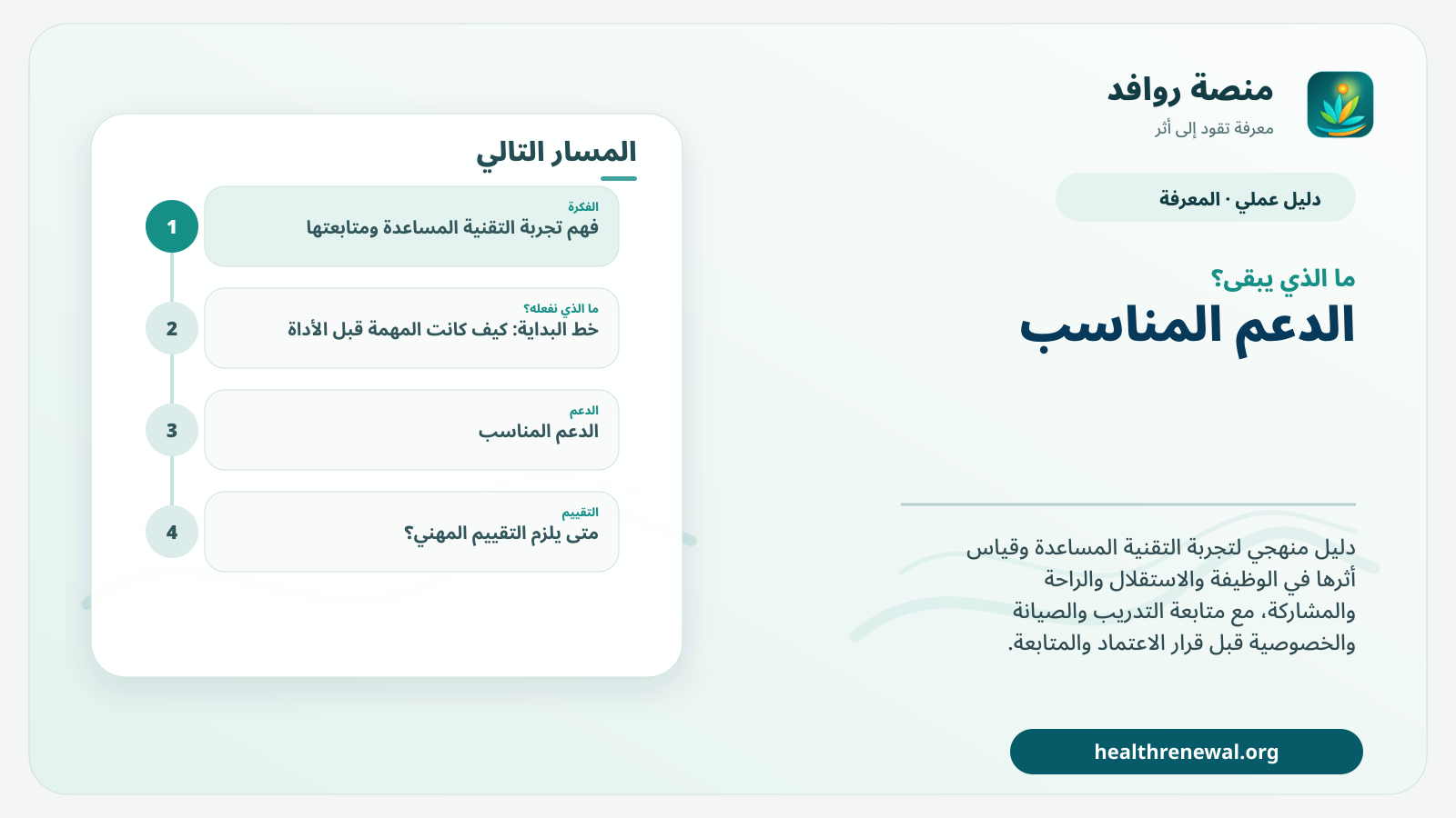 مخطط ختامي من منصة روافد يلخص «تجربة التقنية المساعدة ومتابعتها: كيف نعرف أن الأداة تعمل في الحياة اليومية؟» ويعرض أهم المحاور والخطوات التالية