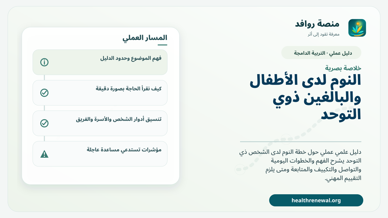 صورة بارزة من منصة روافد تلخص «دليل النوم لدى الأطفال والبالغين ذوي التوحد» بصريًا وفق محاور الصفحة الأساسية