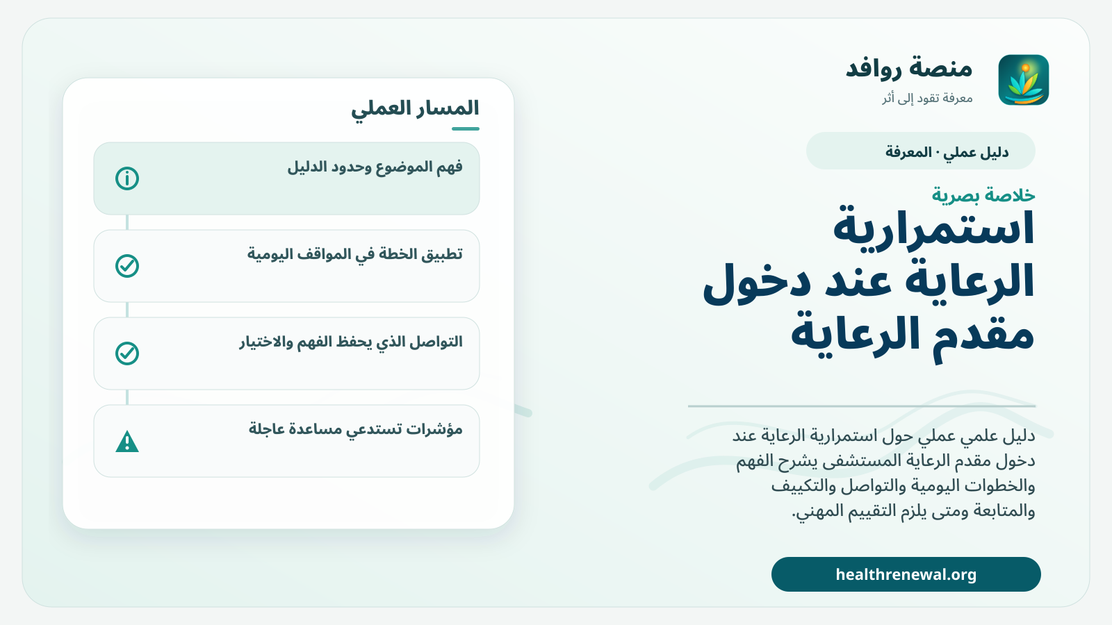 صورة بارزة من منصة روافد تلخص «دليل استمرارية الرعاية عند دخول مقدم الرعاية المستشفى» بصريًا وفق محاور الصفحة الأساسية