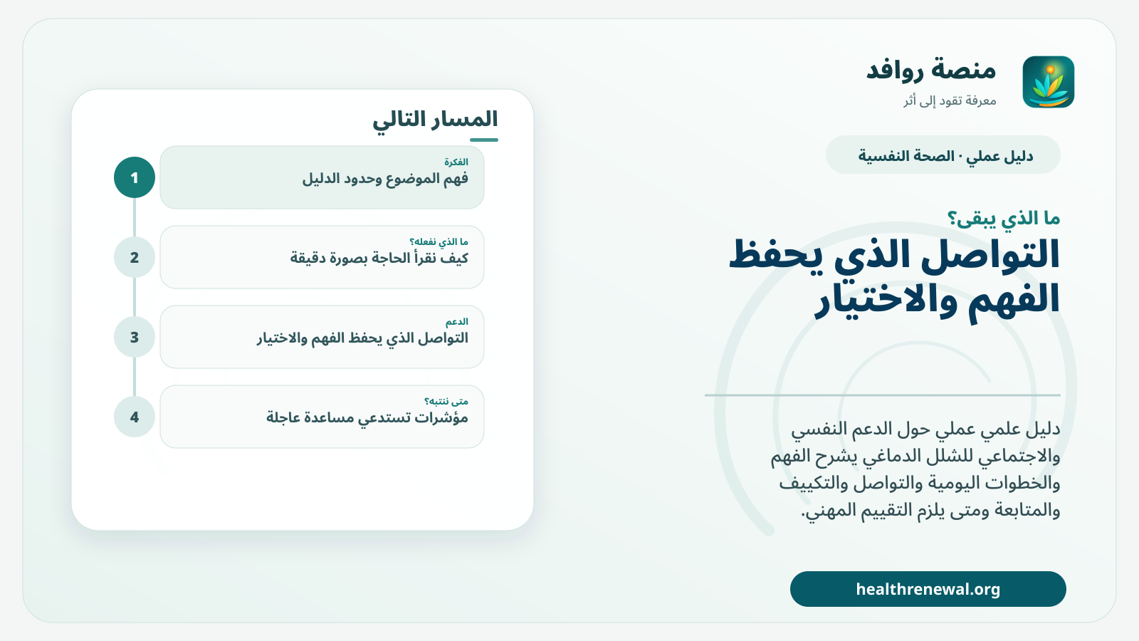 مخطط ختامي من منصة روافد يلخص «دليل الدعم النفسي والاجتماعي للشلل الدماغي» ويعرض أهم المحاور والخطوات التالية