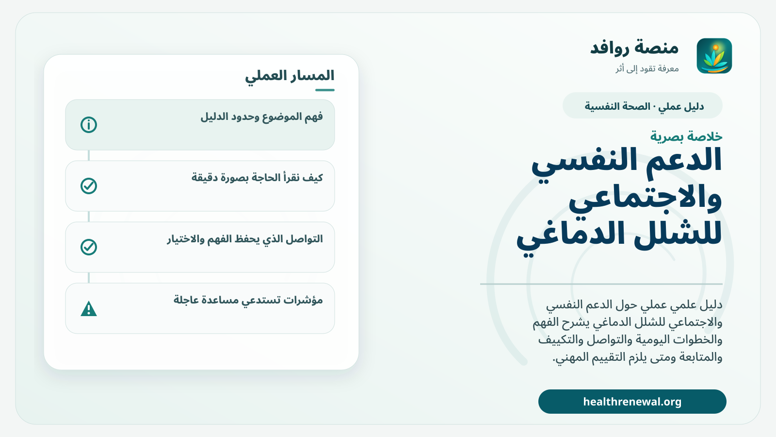 صورة بارزة من منصة روافد تلخص «دليل الدعم النفسي والاجتماعي للشلل الدماغي» بصريًا وفق محاور الصفحة الأساسية