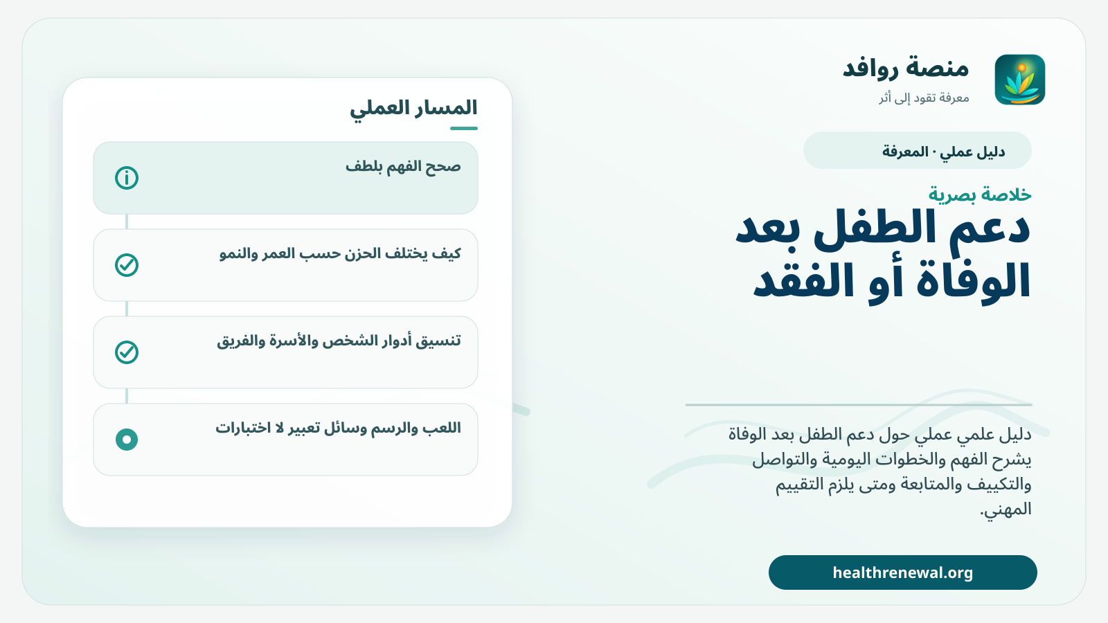 صورة بارزة من منصة روافد تلخص «دليل دعم الطفل بعد الوفاة أو الفقد» بصريًا وفق محاور الصفحة الأساسية
