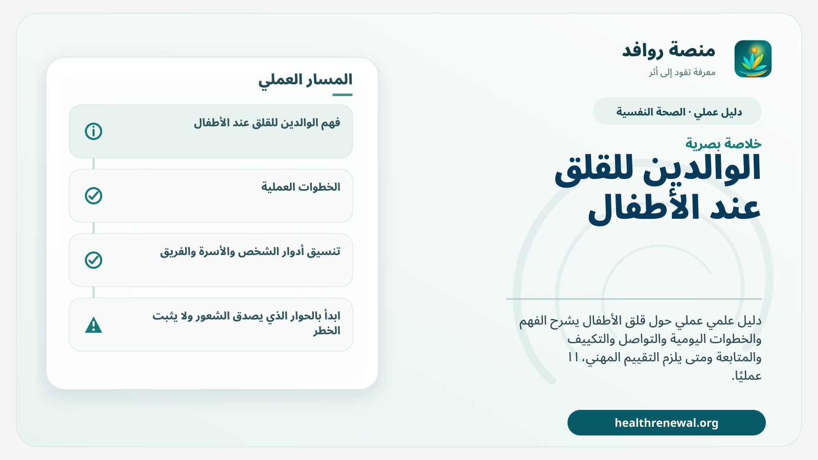 صورة بارزة من منصة روافد تلخص «دليل الوالدين للقلق عند الأطفال» بصريًا وفق محاور الصفحة الأساسية