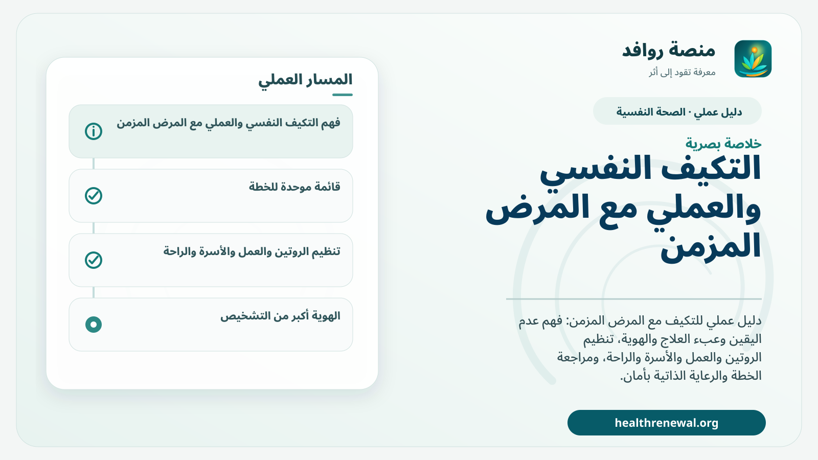 صورة بارزة من منصة روافد تلخص «دليل التكيف النفسي والعملي مع المرض المزمن» بصريًا وفق محاور الصفحة الأساسية