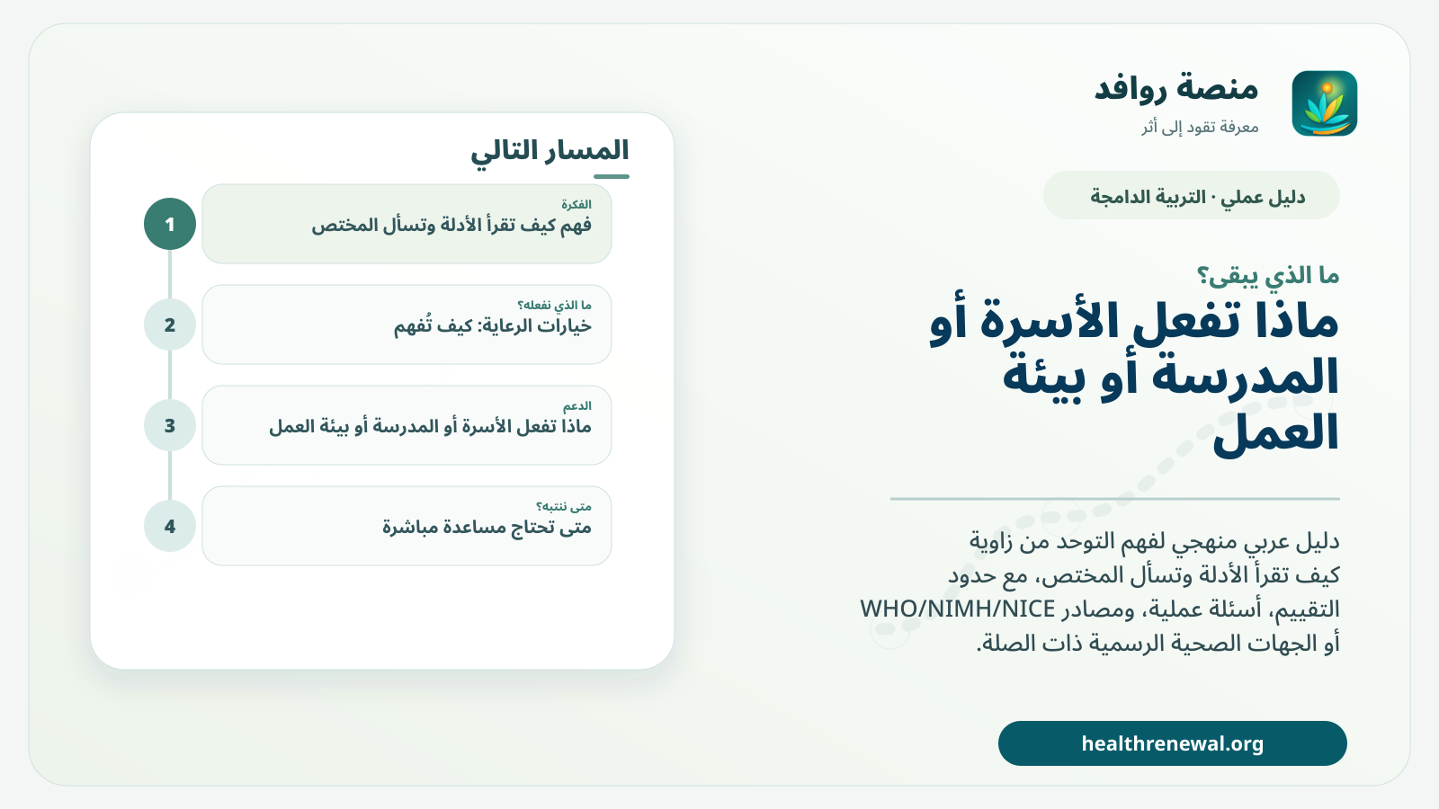 مخطط ختامي من منصة روافد يلخص «كيف تقرأ الأدلة وتسأل المختص؟: التوحد» ويعرض أهم المحاور والخطوات التالية