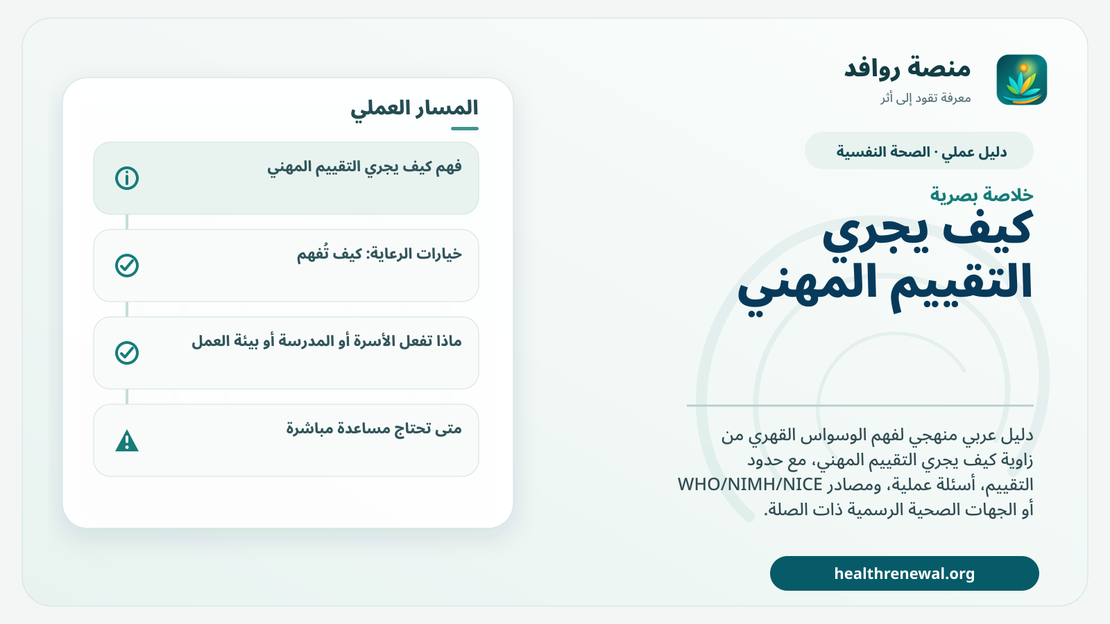 صورة بارزة من منصة روافد تلخص «كيف يجري التقييم المهني؟: الوسواس القهري» بصريًا وفق محاور الصفحة الأساسية