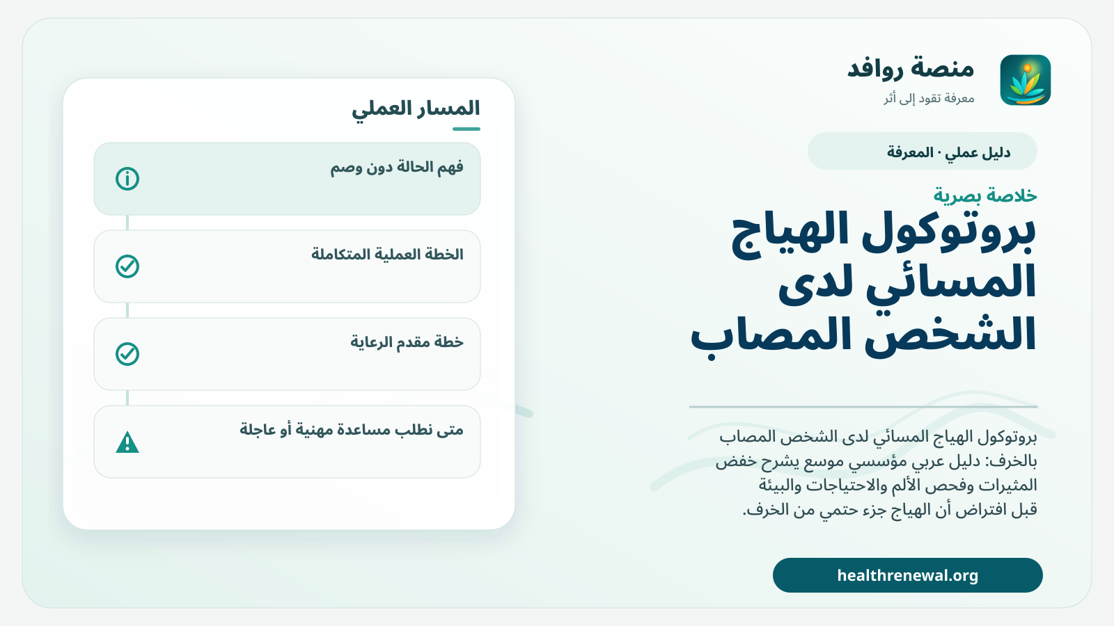 صورة بارزة من منصة روافد تلخص «بروتوكول الهياج المسائي لدى الشخص المصاب بالخرف» بصريًا وفق محاور الصفحة الأساسية