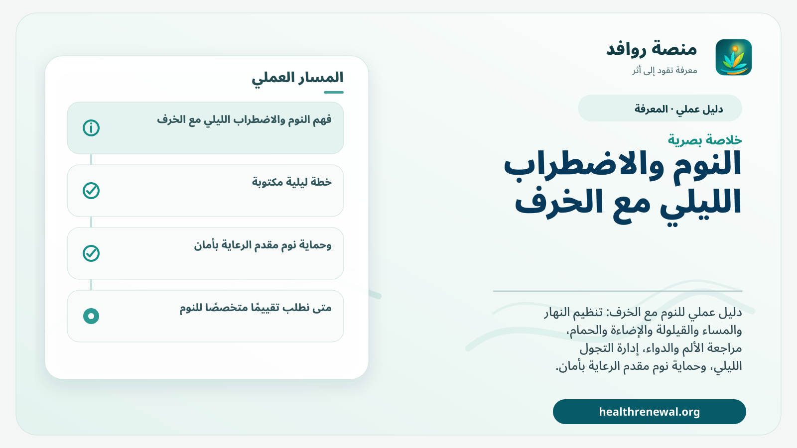 صورة بارزة من منصة روافد تلخص «دليل النوم والاضطراب الليلي مع الخرف» بصريًا وفق محاور الصفحة الأساسية