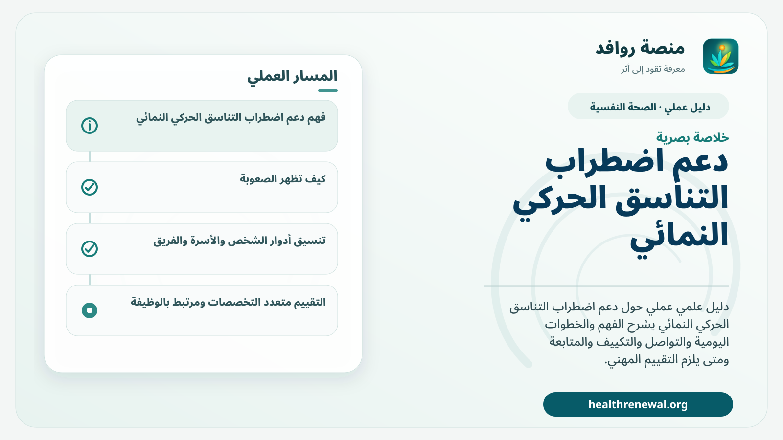 صورة بارزة من منصة روافد تلخص «دليل دعم اضطراب التناسق الحركي النمائي» بصريًا وفق محاور الصفحة الأساسية