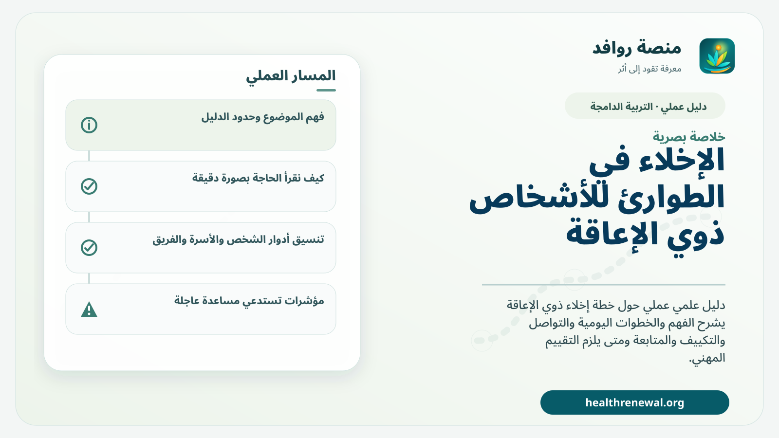 صورة بارزة من منصة روافد تلخص «دليل الإخلاء في الطوارئ للأشخاص ذوي الإعاقة» بصريًا وفق محاور الصفحة الأساسية