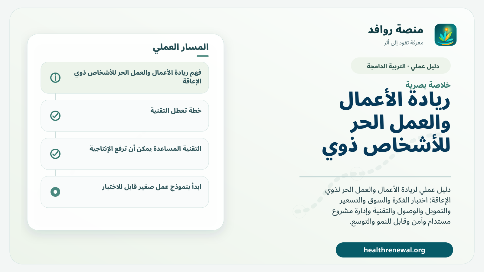 صورة بارزة من منصة روافد تلخص «ريادة الأعمال والعمل الحر للأشخاص ذوي الإعاقة: من الفكرة إلى مشروع مستدام» بصريًا وفق محاور الصفحة الأساسية