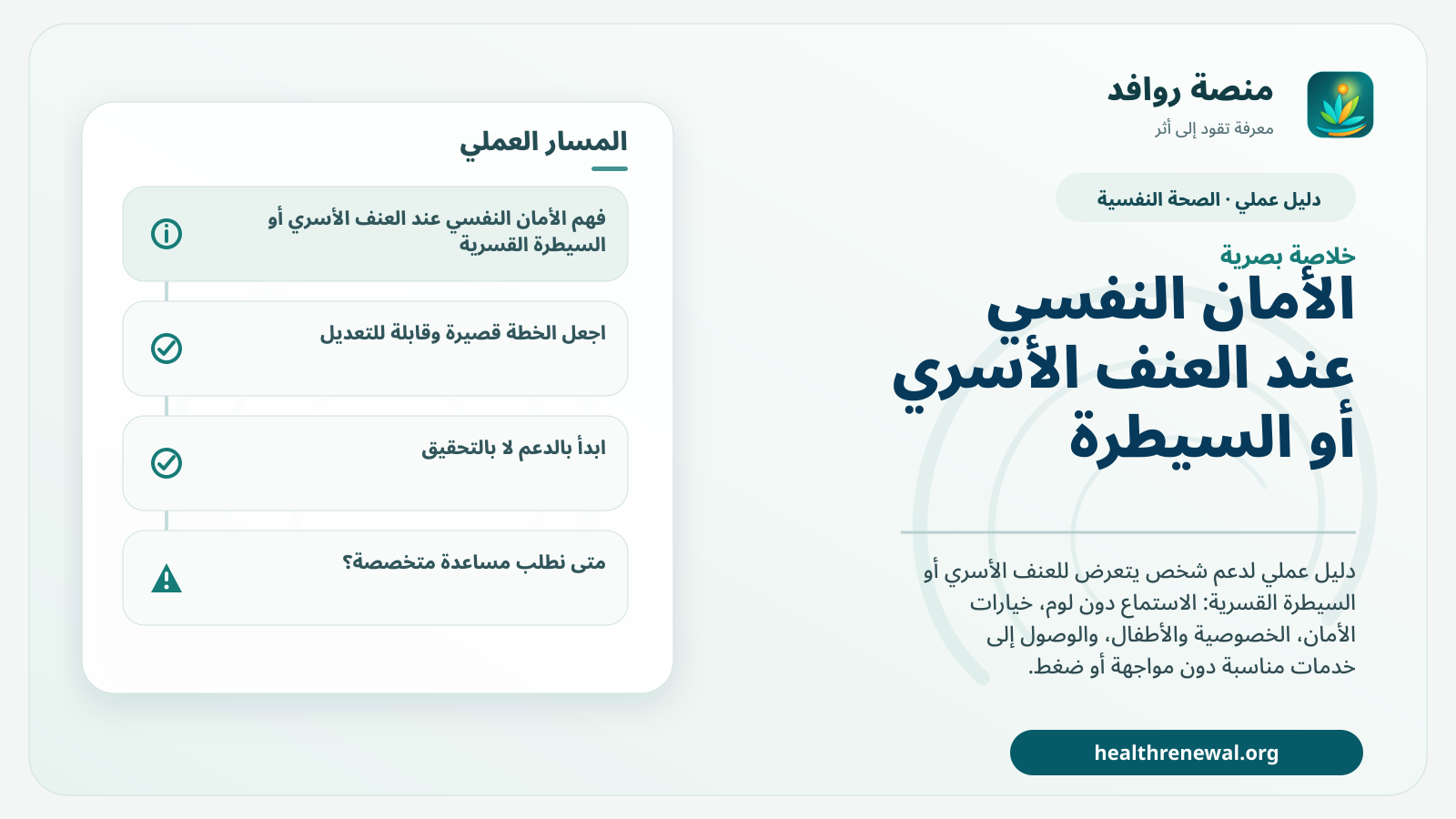 صورة بارزة من منصة روافد تلخص «دليل الأمان النفسي عند العنف الأسري أو السيطرة القسرية» بصريًا وفق محاور الصفحة الأساسية