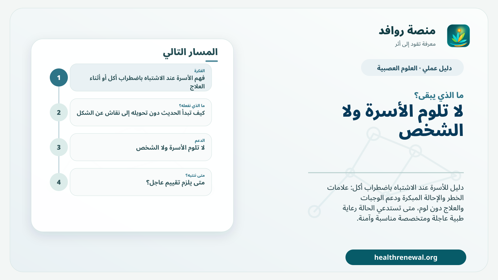 مخطط ختامي من منصة روافد يلخص «دليل الأسرة عند الاشتباه باضطراب أكل أو أثناء العلاج» ويعرض أهم المحاور والخطوات التالية