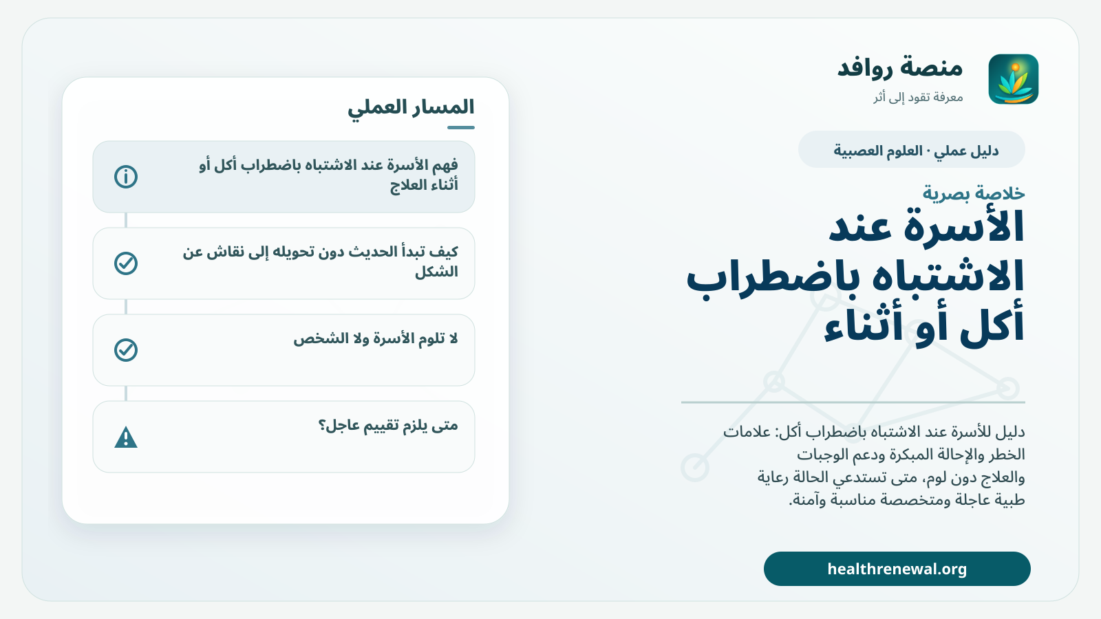 صورة بارزة من منصة روافد تلخص «دليل الأسرة عند الاشتباه باضطراب أكل أو أثناء العلاج» بصريًا وفق محاور الصفحة الأساسية