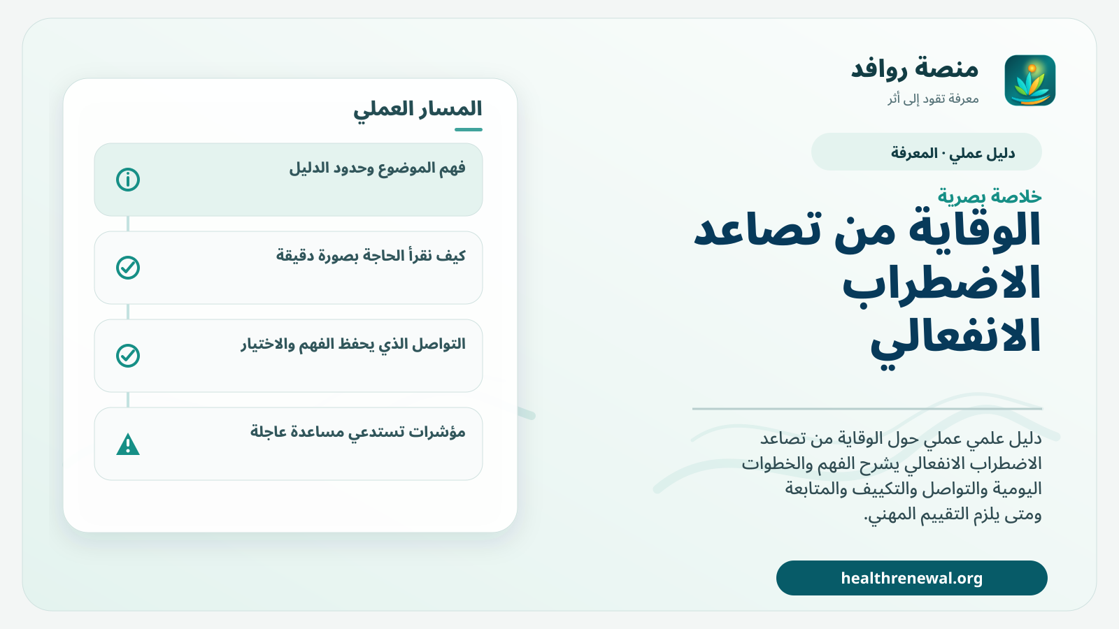صورة بارزة من منصة روافد تلخص «دليل الوقاية من تصاعد الاضطراب الانفعالي» بصريًا وفق محاور الصفحة الأساسية