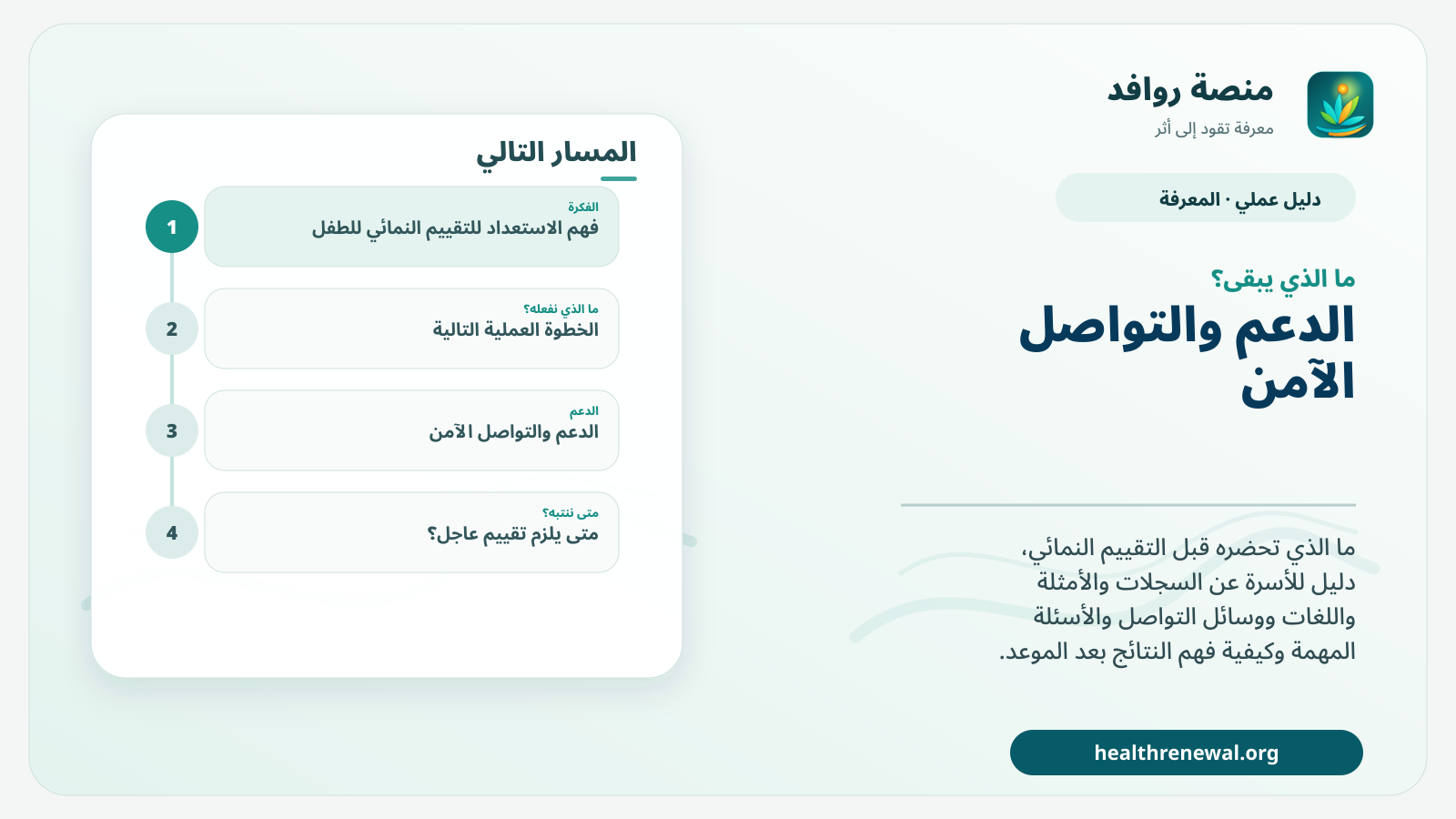 مخطط ختامي من منصة روافد يلخص «الاستعداد للتقييم النمائي للطفل: ما الذي تحضره وما الذي تسأل عنه؟» ويعرض أهم المحاور والخطوات التالية