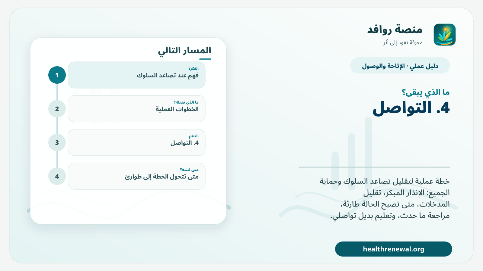 مخطط ختامي من منصة روافد يلخص «عند تصاعد السلوك: خطة استجابة آمنة تقلل التصعيد وتحمي الجميع» ويعرض أهم المحاور والخطوات التالية