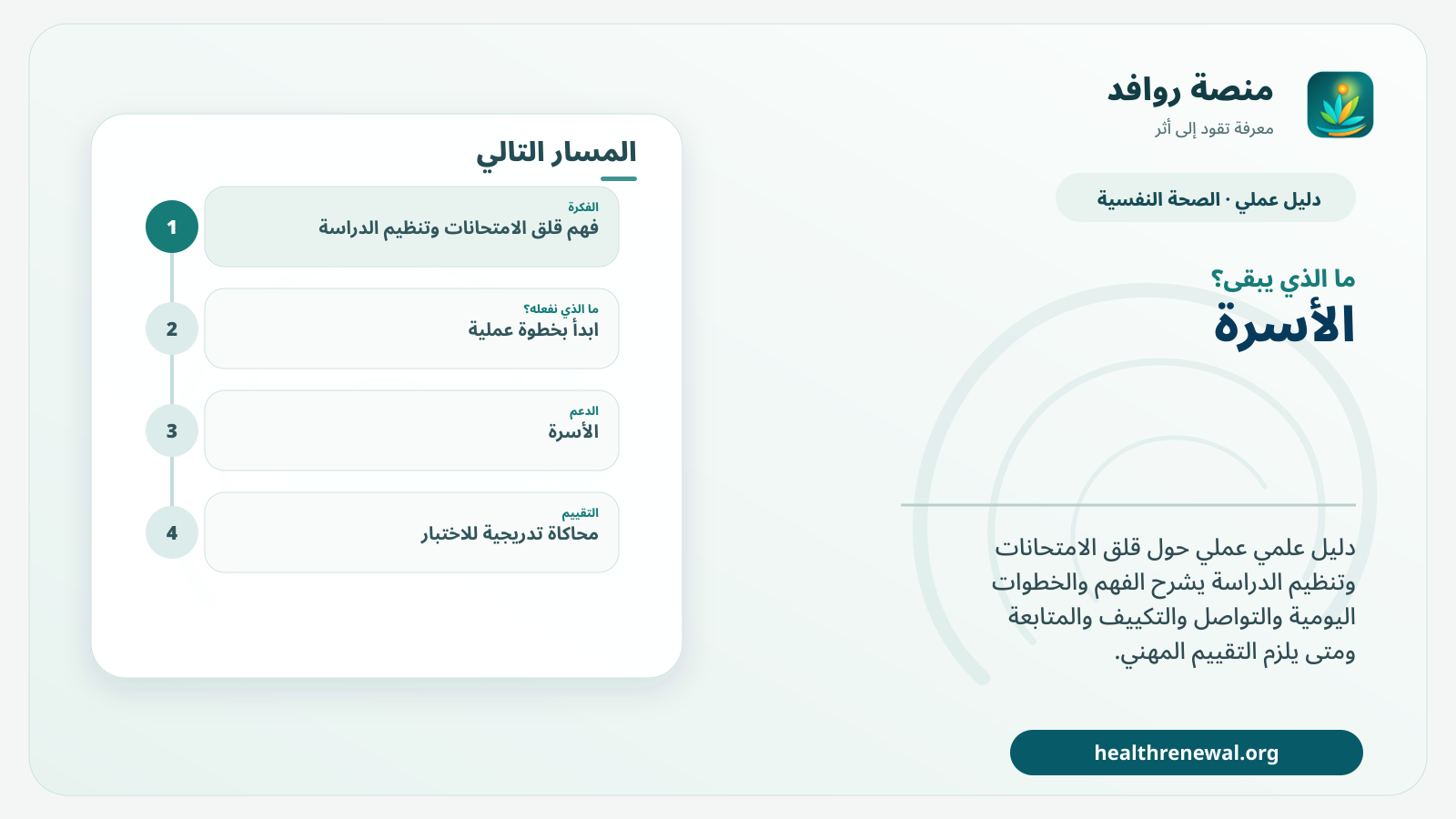 مخطط ختامي من منصة روافد يلخص «دليل قلق الامتحانات وتنظيم الدراسة» ويعرض أهم المحاور والخطوات التالية
