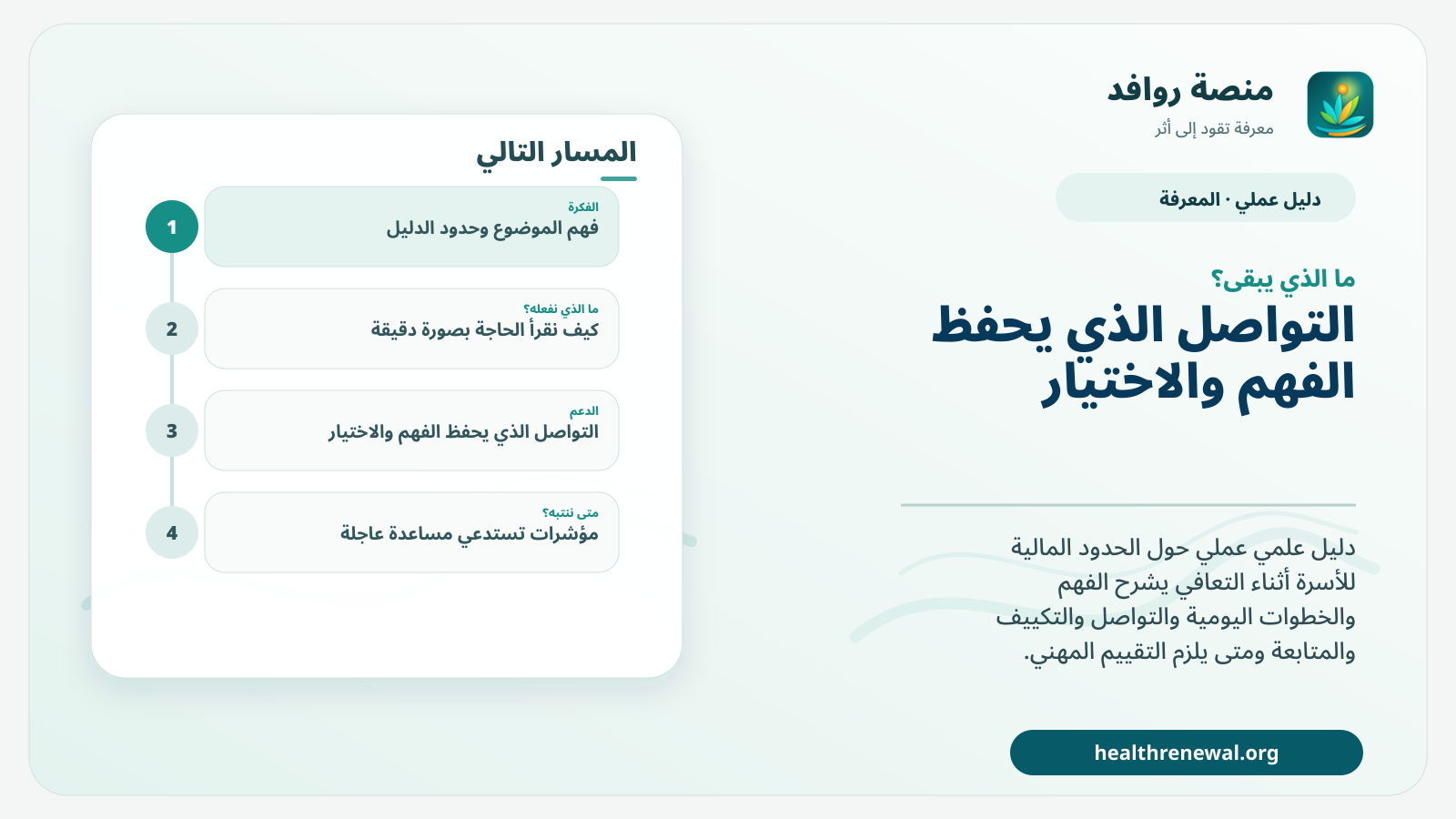 مخطط ختامي من منصة روافد يلخص «دليل الحدود المالية للأسرة أثناء التعافي» ويعرض أهم المحاور والخطوات التالية