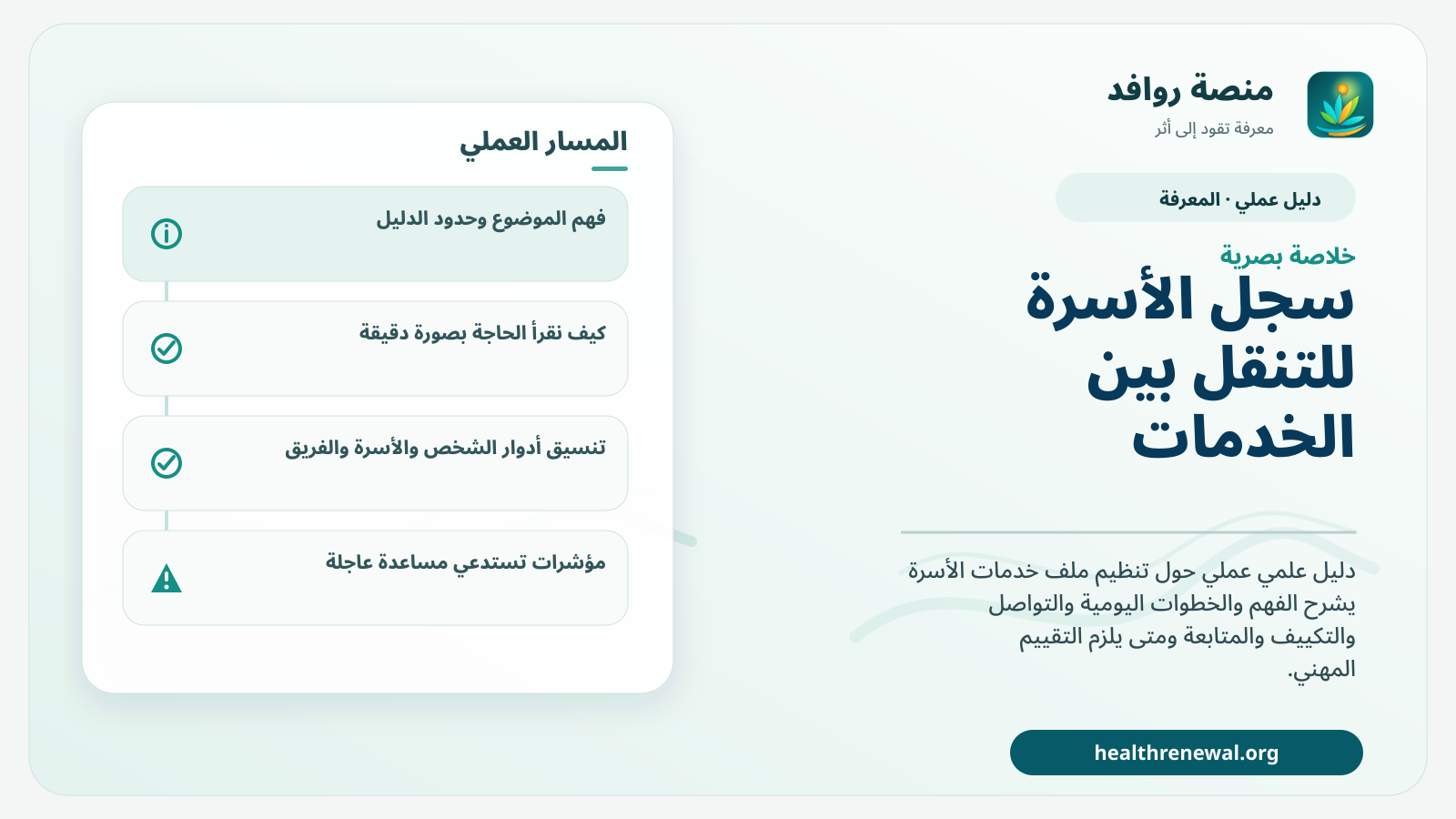صورة بارزة من منصة روافد تلخص «دليل سجل الأسرة للتنقل بين الخدمات» بصريًا وفق محاور الصفحة الأساسية