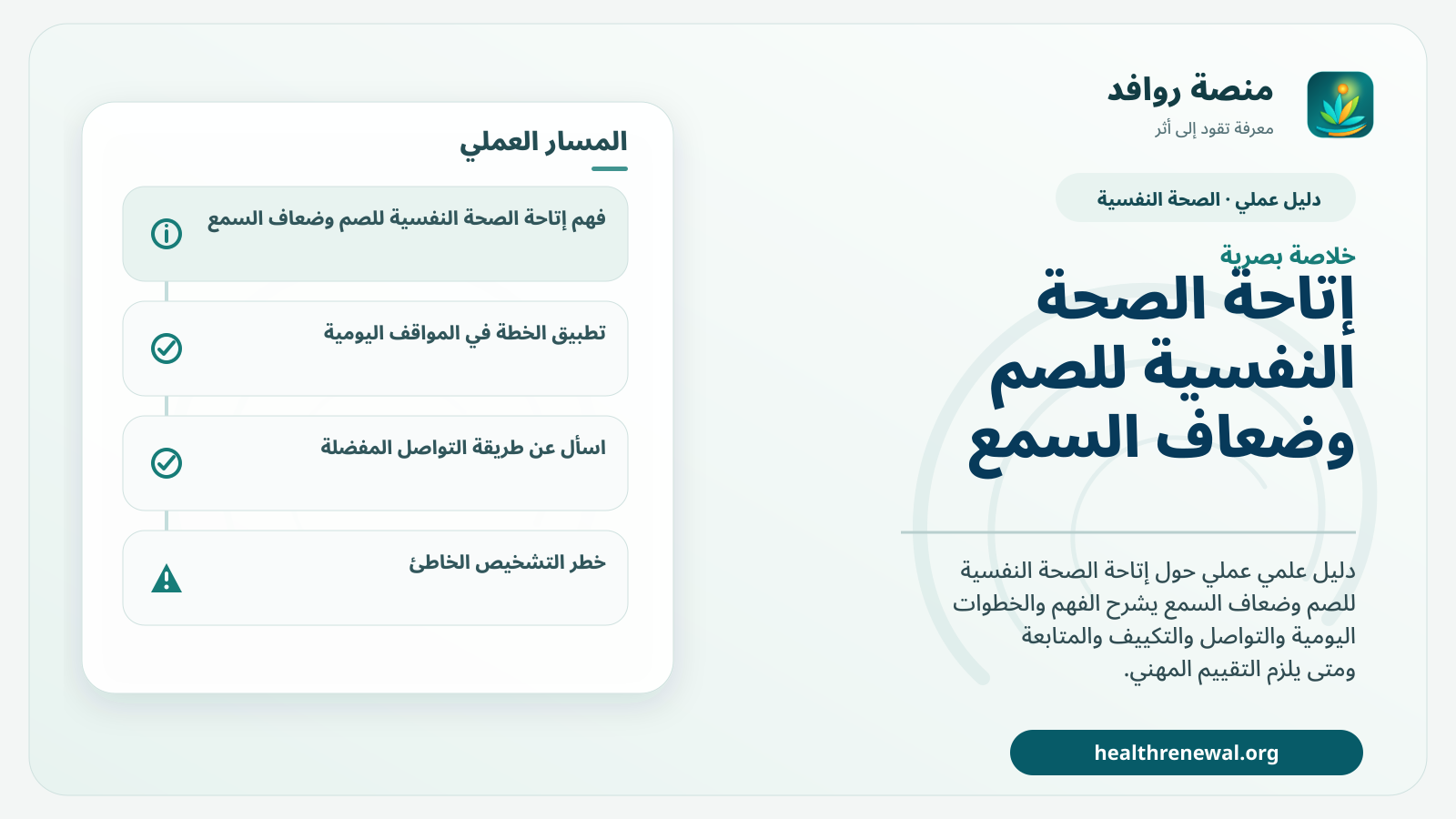 صورة بارزة من منصة روافد تلخص «دليل إتاحة الصحة النفسية للصم وضعاف السمع» بصريًا وفق محاور الصفحة الأساسية