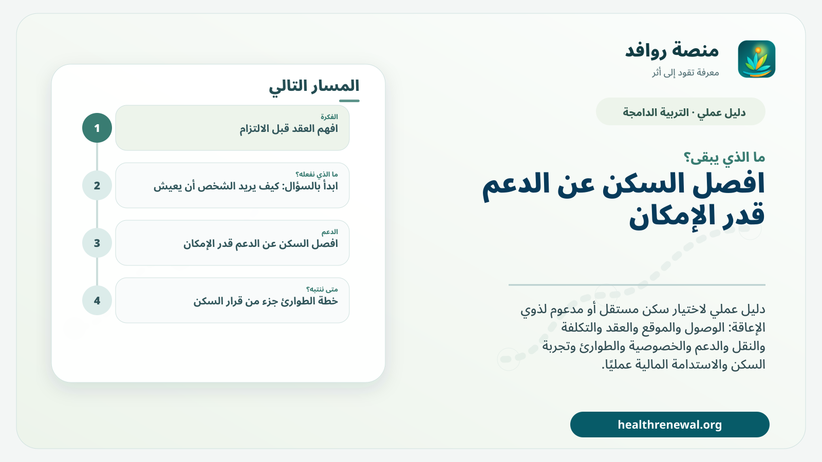 مخطط ختامي من منصة روافد يلخص «السكن المستقل والمدعوم لذوي الإعاقة: كيف تختار منزلًا يدعم الحياة لا يعزلها؟» ويعرض أهم المحاور والخطوات التالية