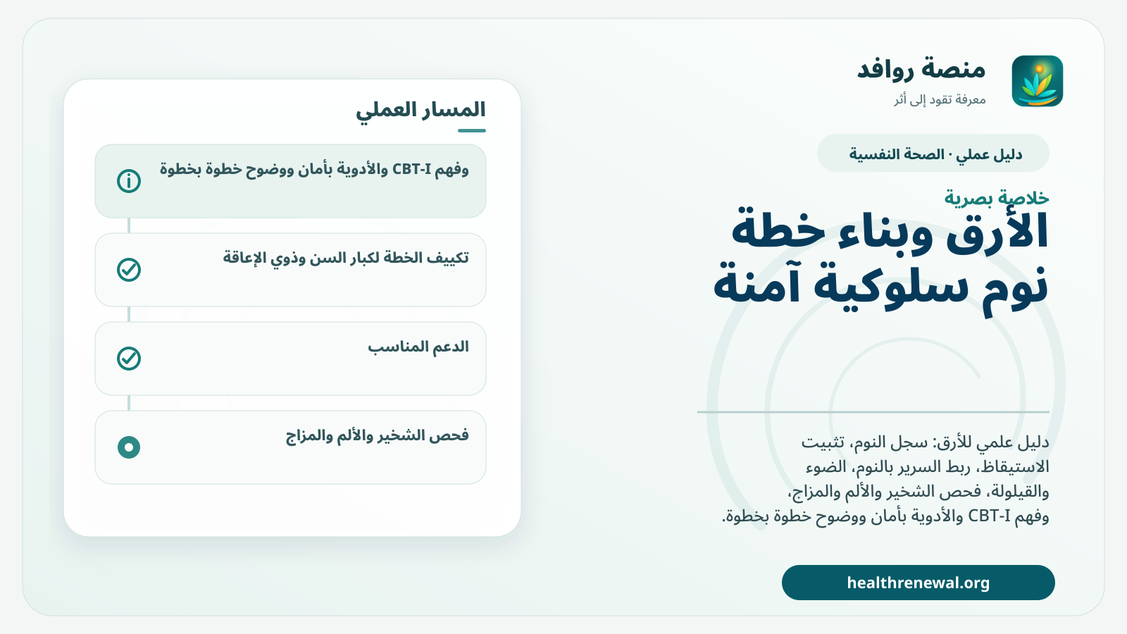 صورة بارزة من منصة روافد تلخص «دليل الأرق وبناء خطة نوم سلوكية آمنة» بصريًا وفق محاور الصفحة الأساسية