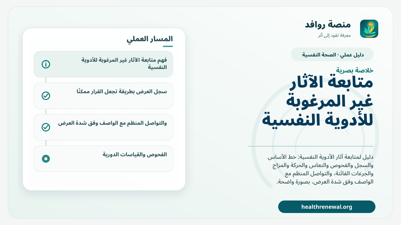 صورة بارزة من منصة روافد تلخص «دليل متابعة الآثار غير المرغوبة للأدوية النفسية» بصريًا وفق محاور الصفحة الأساسية
