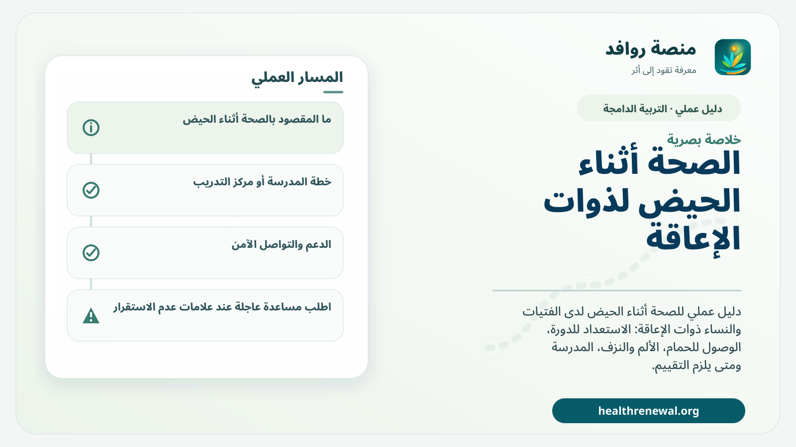 صورة بارزة من منصة روافد تلخص «الصحة أثناء الحيض لذوات الإعاقة: دليل عملي للدورة الشهرية بكرامة واستقلال» بصريًا وفق محاور الصفحة الأساسية