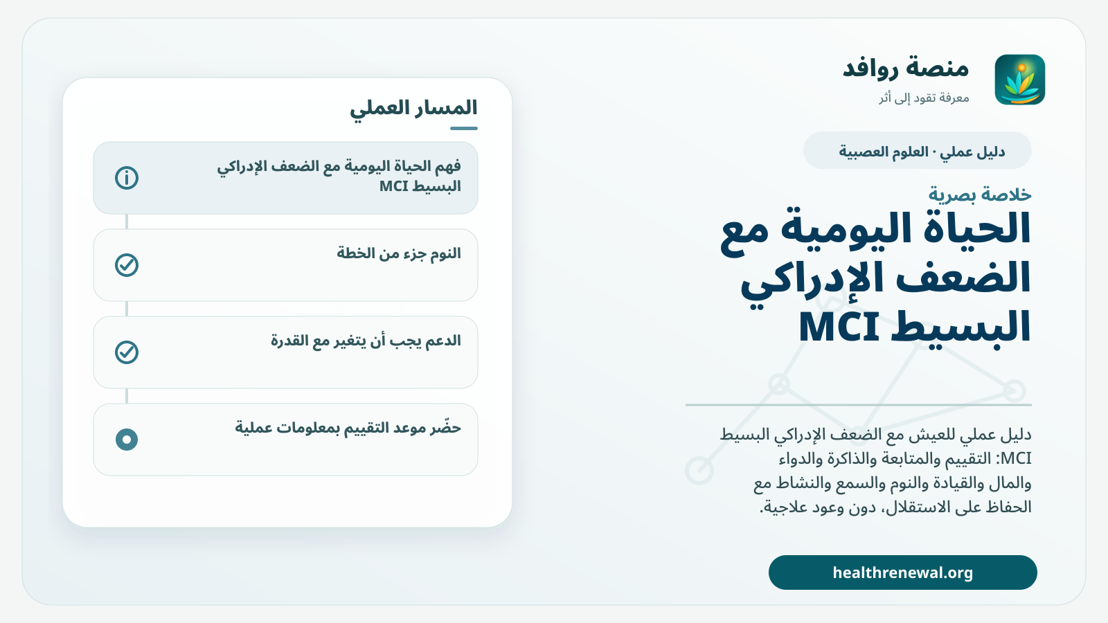 صورة بارزة من منصة روافد تلخص «دليل الحياة اليومية مع الضعف الإدراكي البسيط MCI» بصريًا وفق محاور الصفحة الأساسية