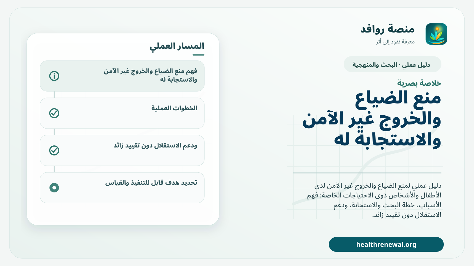 صورة بارزة من منصة روافد تلخص «دليل منع الضياع والخروج غير الآمن والاستجابة له» بصريًا وفق محاور الصفحة الأساسية