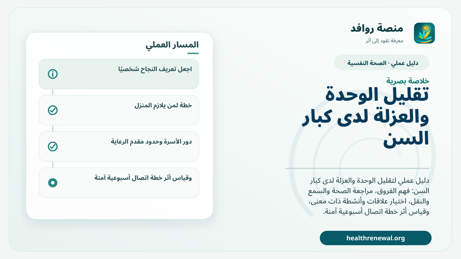 صورة بارزة من منصة روافد تلخص «دليل تقليل الوحدة والعزلة لدى كبار السن» بصريًا وفق محاور الصفحة الأساسية