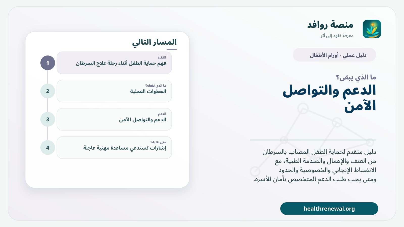 مخطط ختامي من منصة روافد يلخص «حماية الطفل أثناء رحلة علاج السرطان: الأمان النفسي والجسدي والخصوصية والانضباط بلا عنف» ويعرض أهم المحاور والخطوات التالية