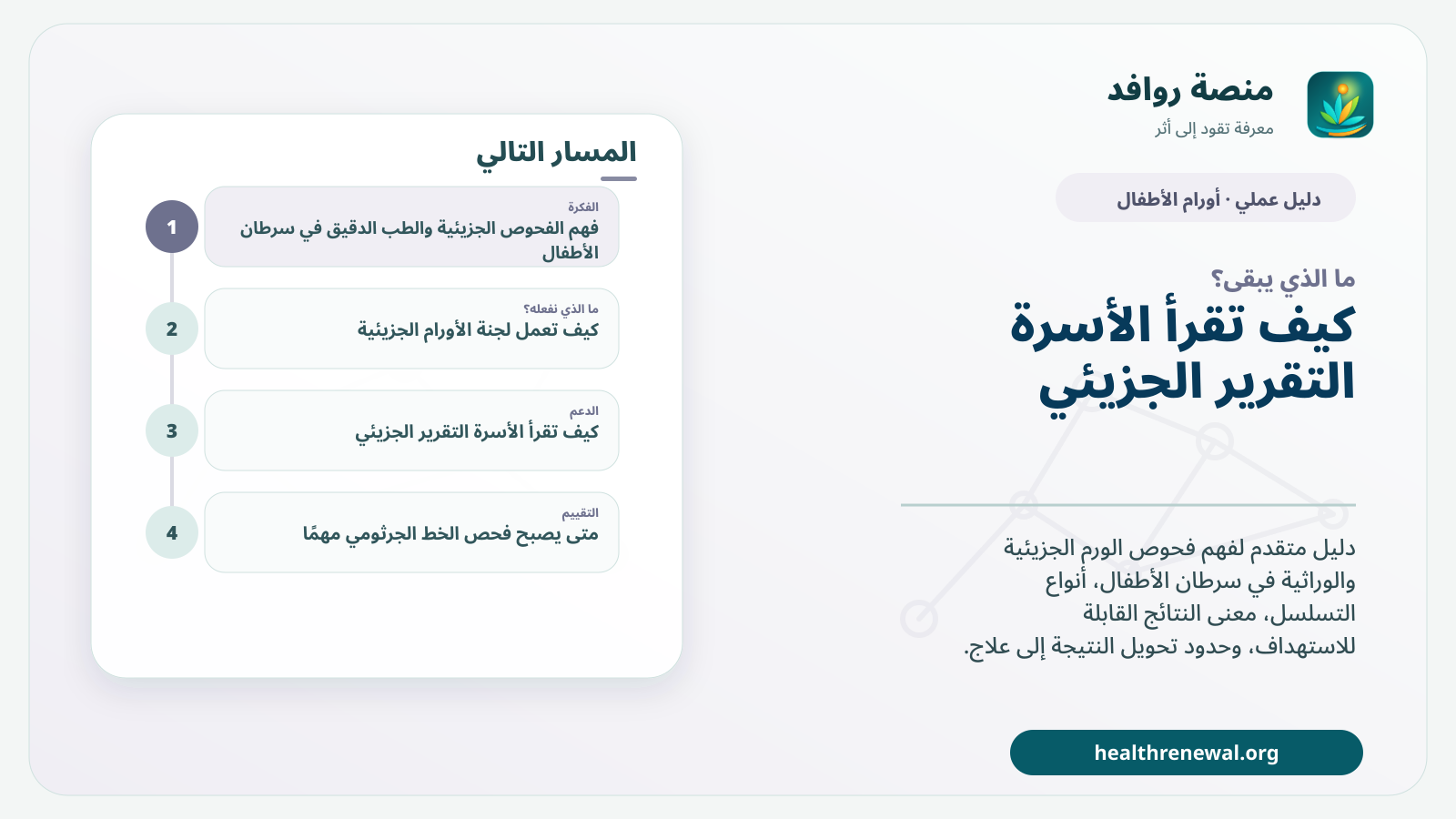 مخطط ختامي من منصة روافد يلخص «الفحوص الجزيئية والطب الدقيق في سرطان الأطفال: من العينة إلى قرار العلاج» ويعرض أهم المحاور والخطوات التالية