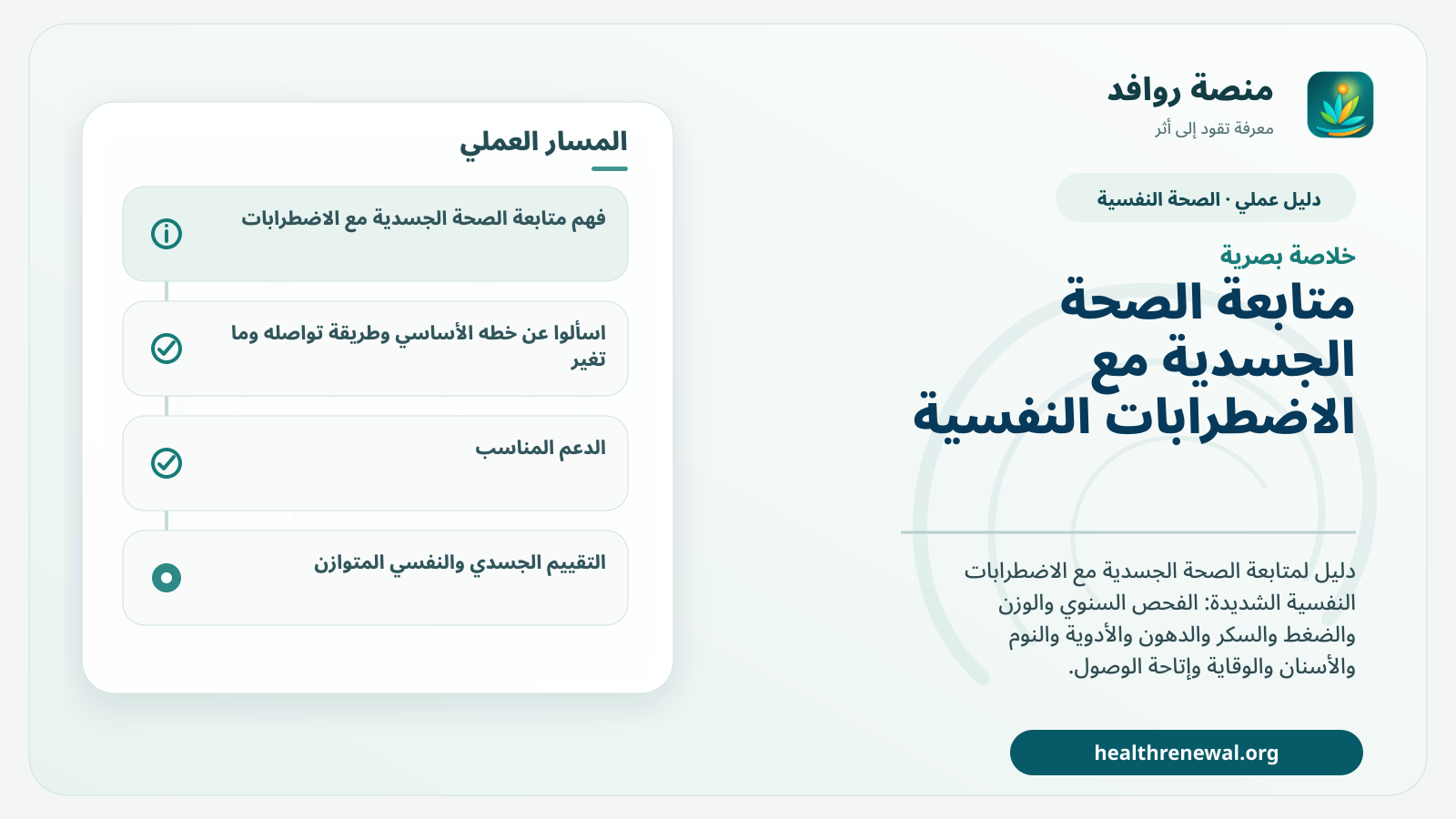 صورة بارزة من منصة روافد تلخص «دليل متابعة الصحة الجسدية مع الاضطرابات النفسية الشديدة» بصريًا وفق محاور الصفحة الأساسية