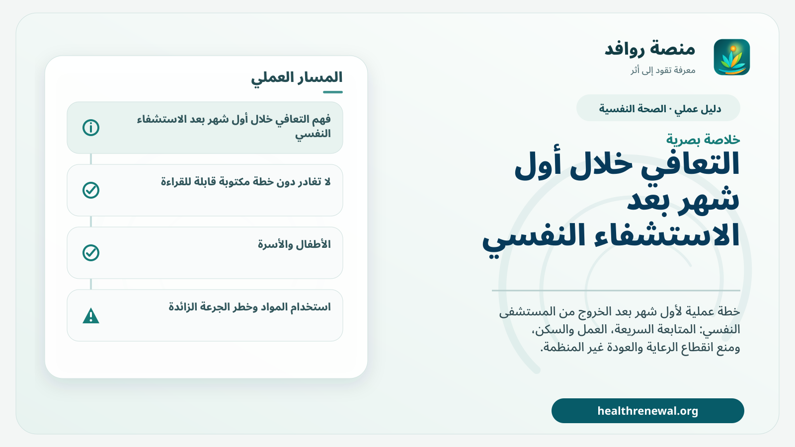 صورة بارزة من منصة روافد تلخص «دليل التعافي خلال أول شهر بعد الاستشفاء النفسي» بصريًا وفق محاور الصفحة الأساسية