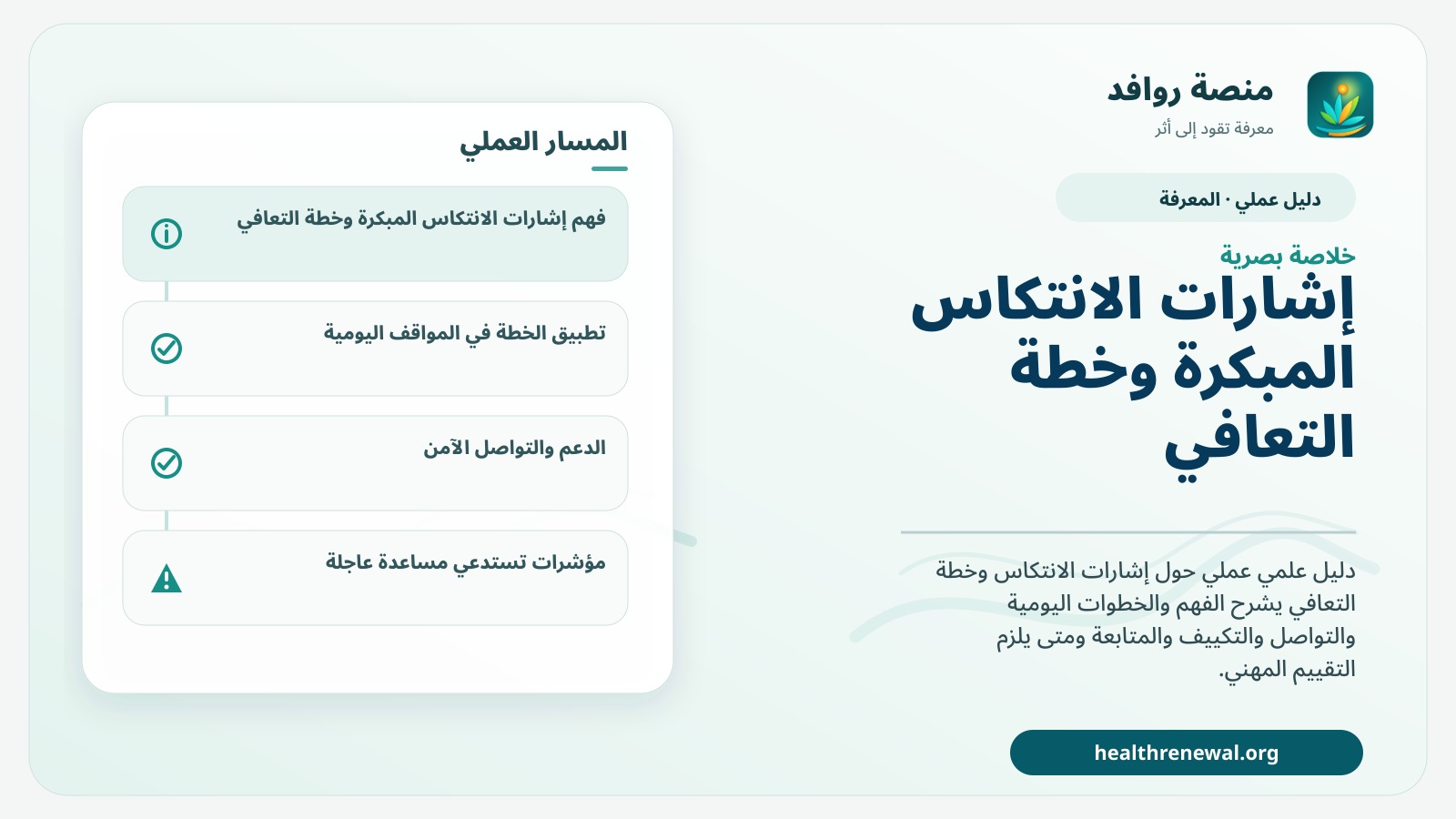 صورة بارزة من منصة روافد تلخص «دليل إشارات الانتكاس المبكرة وخطة التعافي» بصريًا وفق محاور الصفحة الأساسية