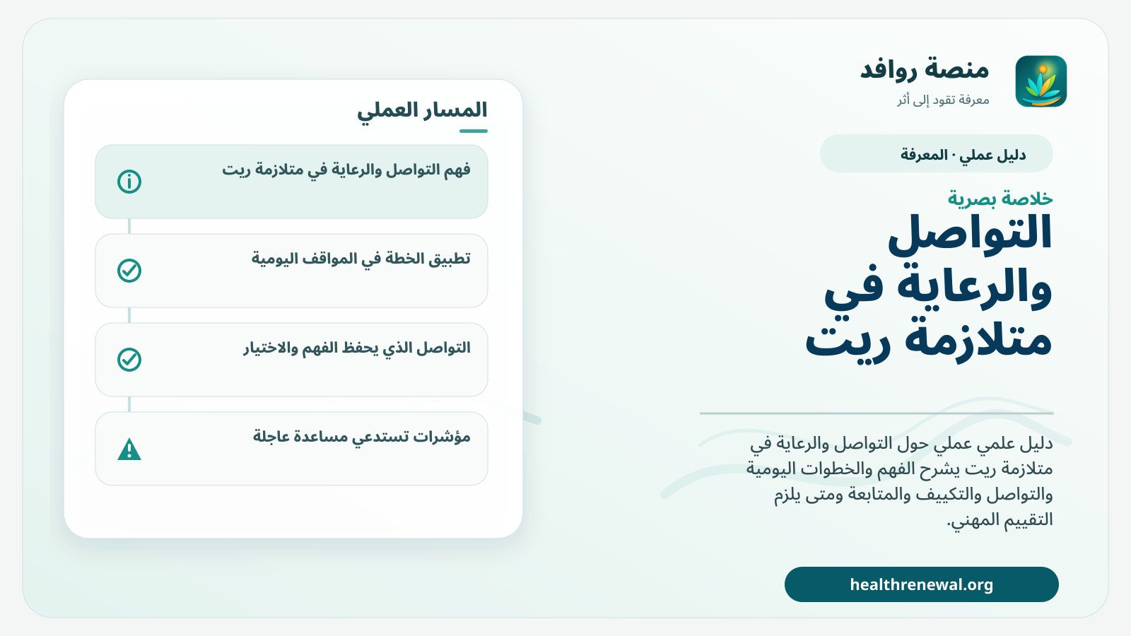 صورة بارزة من منصة روافد تلخص «دليل التواصل والرعاية في متلازمة ريت» بصريًا وفق محاور الصفحة الأساسية