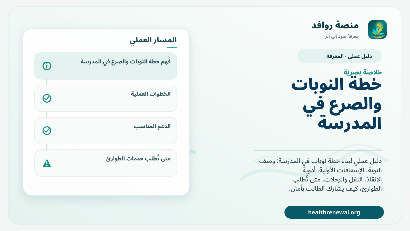 صورة بارزة من منصة روافد تلخص «دليل خطة النوبات والصرع في المدرسة: من الإسعاف إلى المشاركة الآمنة» بصريًا وفق محاور الصفحة الأساسية