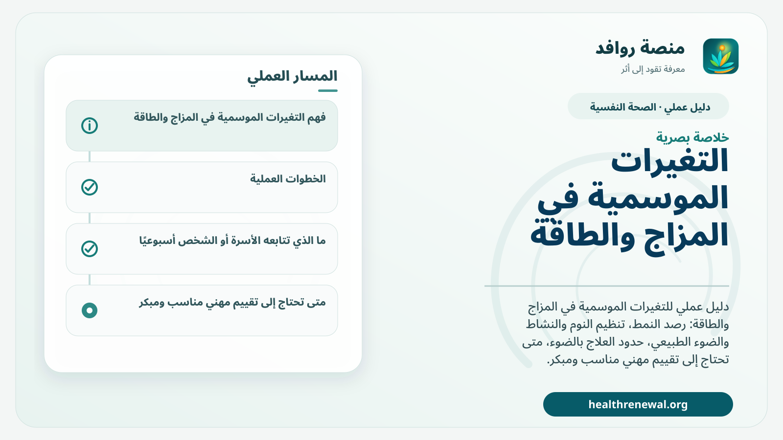 صورة بارزة من منصة روافد تلخص «دليل التعامل مع التغيرات الموسمية في المزاج والطاقة» بصريًا وفق محاور الصفحة الأساسية