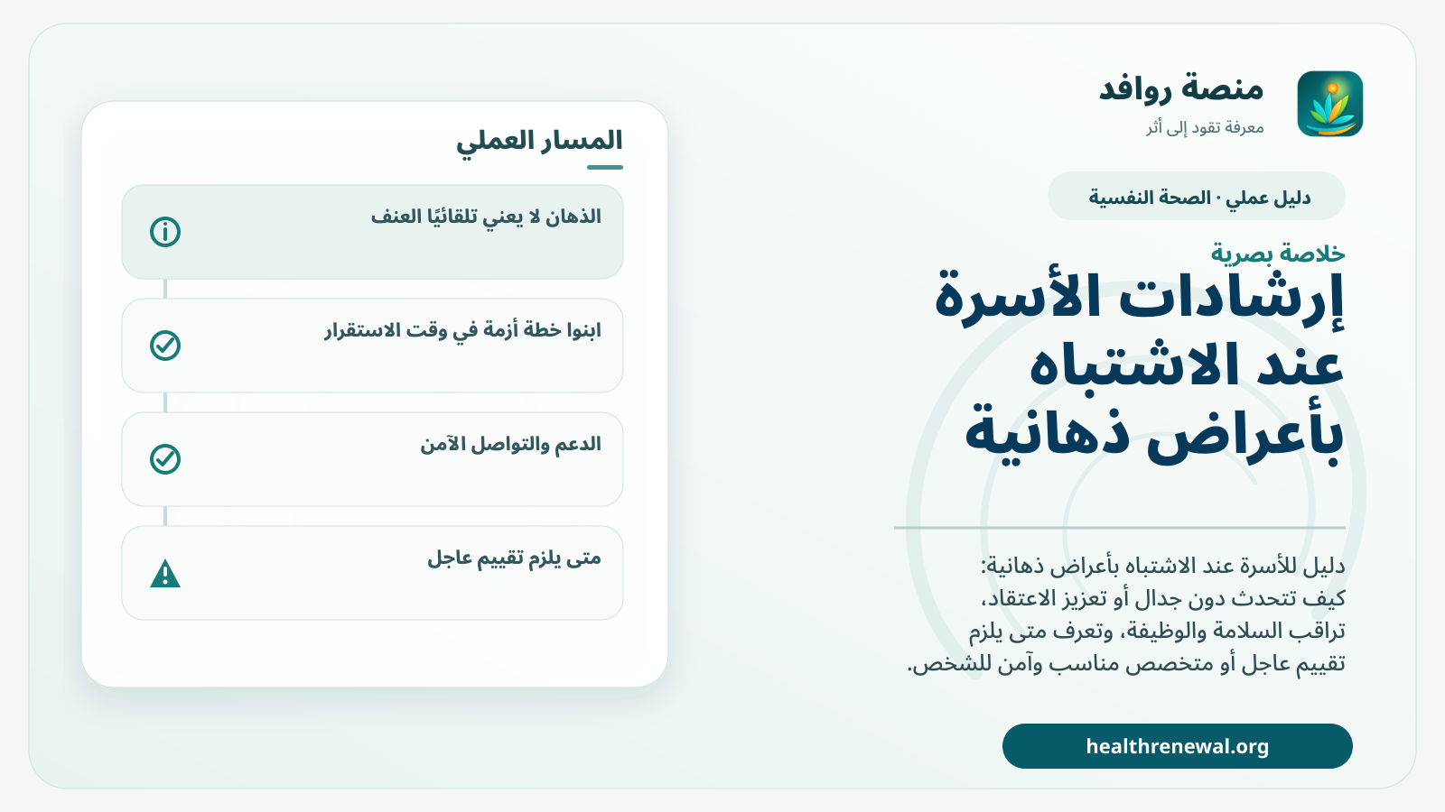 صورة بارزة من منصة روافد تلخص «إرشادات الأسرة عند الاشتباه بأعراض ذهانية» بصريًا وفق محاور الصفحة الأساسية